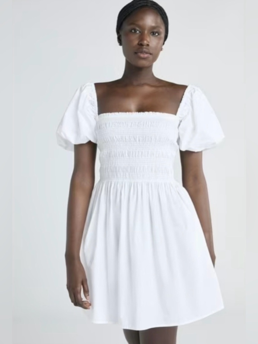 Scoop Plus Size White Smocked Babydoll Mini Dress Puff Sleeves Pockets Sz 16-18